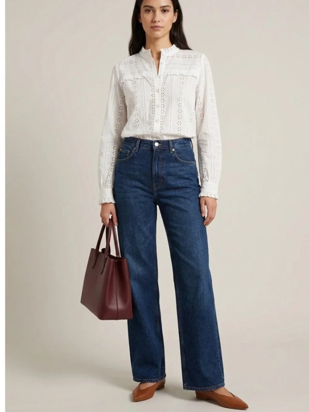 ZARA White Eyelet Ruffled Long Sleeve Blouse Size XL Cottagecore Boho